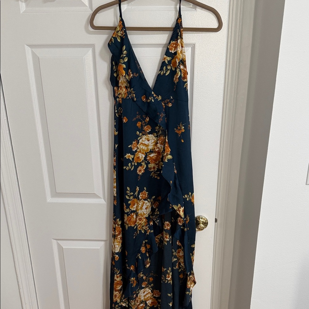 Vici Ruffle V-Neck Maxi Dress - Teal with Mustard Floral